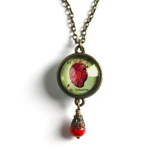 El Corazon Heart Loteria Themed Reversible Pendant Necklace with Bead Accent