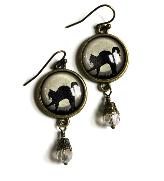 Black Cat on Full Moon Vintage Inspired Drop / Dangle Earrings