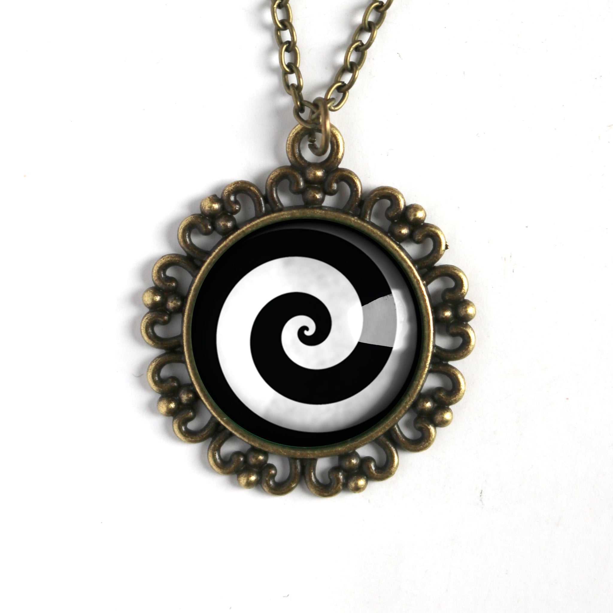 Hypnotist Black and White Spiral Swirl Large Pendant Necklace in Ornate Frame