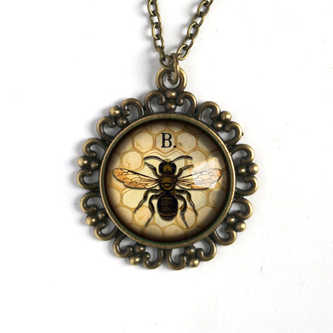 Honey Bee or Worker Bee Large Pendant Necklace in Ornate Frame