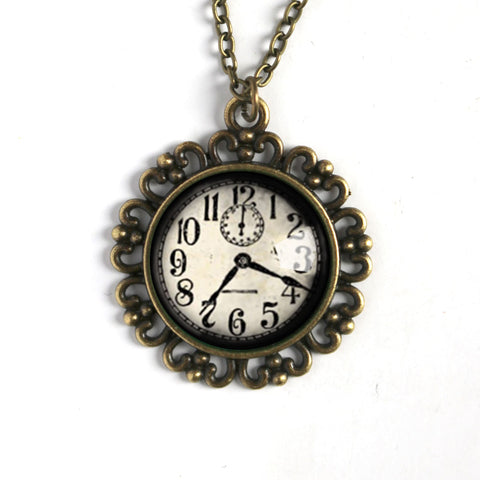 Victorian Clock Large Pendant Necklace in Ornate Frame