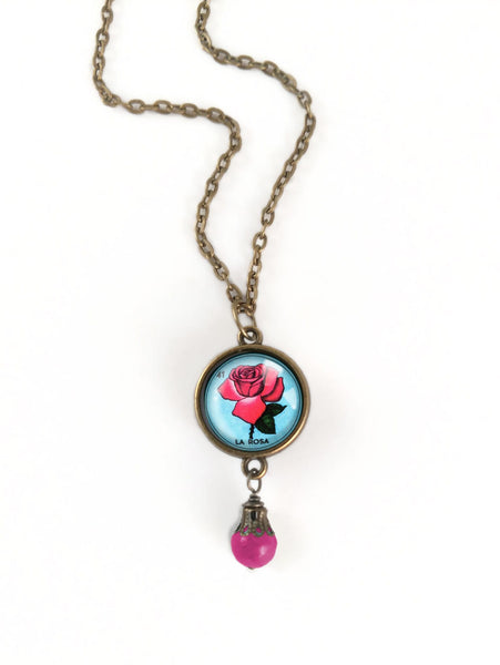 La Rosa Rose Loteria Themed Reversible Pendant Necklace with Bead Accent