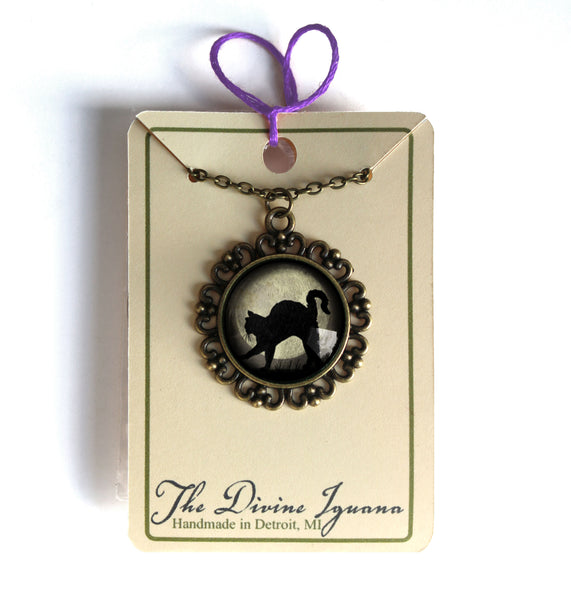 Black Cat on Full Moon Large Pendant Necklace in Ornate Frame