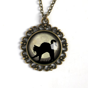 Black Cat on Full Moon Large Pendant Necklace in Ornate Frame