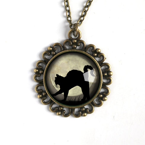 Black Cat on Full Moon Large Pendant Necklace in Ornate Frame