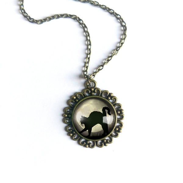 Black Cat on Full Moon Large Pendant Necklace in Ornate Frame