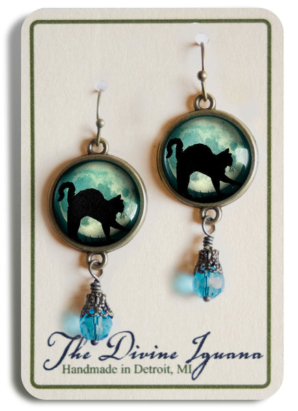 Black Cat on Blue Full Moon Halloween Vintage Inspired Drop / Dangle Earrings