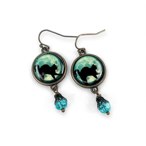 Black Cat on Blue Full Moon Halloween Vintage Inspired Drop / Dangle Earrings