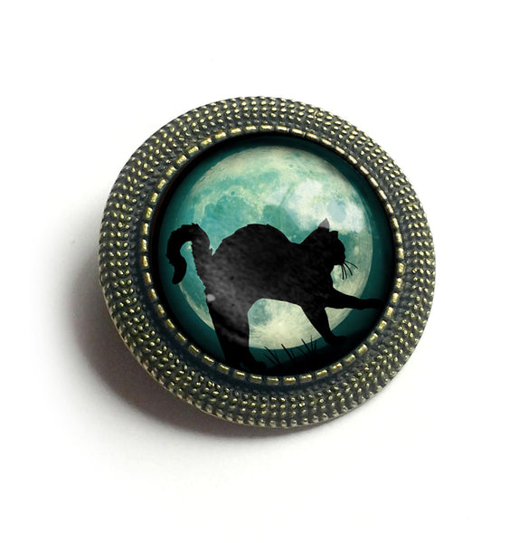 Black Cat on Full Moon Vintage Inspired Pin Brooch