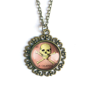 La Calavera Skull Loteria Themed Large Pendant Necklace in Ornate Frame