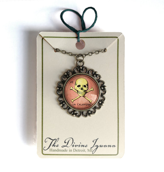 La Calavera Skull Loteria Themed Large Pendant Necklace in Ornate Frame