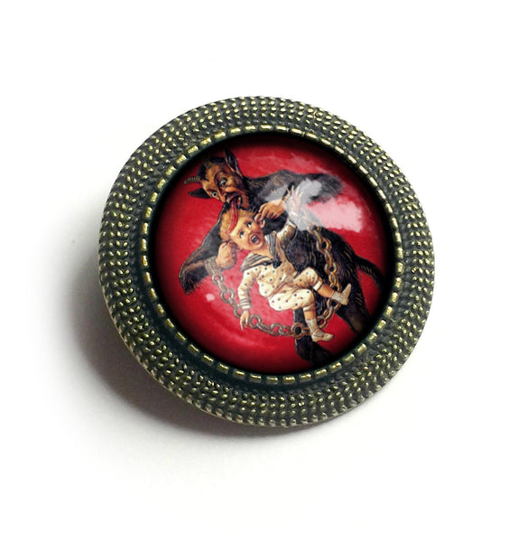 Krampus the Christmas Demon Vintage Inspired Pin Brooch - Child Carried by Ears