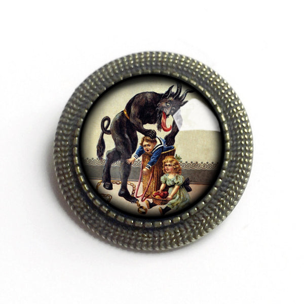 Krampus the Christmas Demon Vintage Inspired Pin Brooch - with Naughty Child Stuffed into Barrel