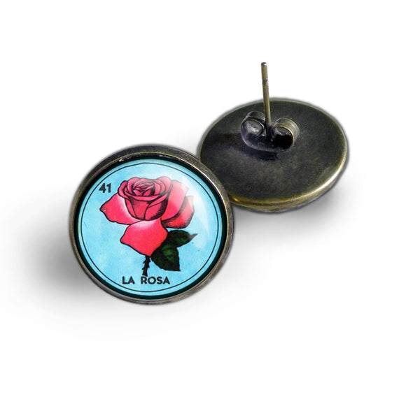 La Rosa Rose Loteria Themed Vintage Inspired Stud Earrings