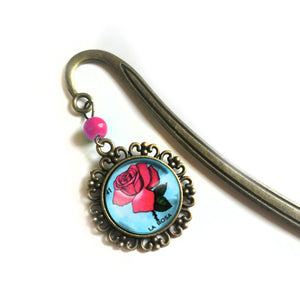 La Rosa Rose Loteria Themed Glass Cabochon Brass Book Hook / Bookmark