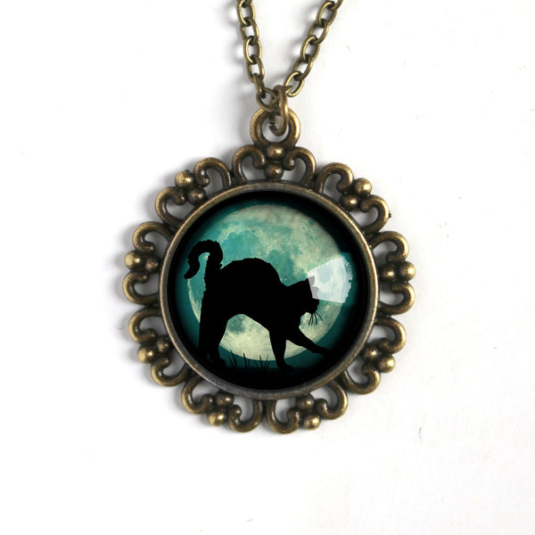 Black Cat on Blue Full Moon Large Pendant Necklace in Ornate Frame