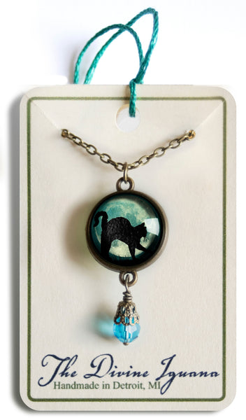 Black Cat on Blue Full Moon Reversible Pendant Necklace with Bead Accent