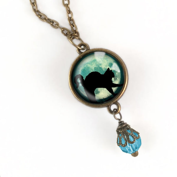 Black Cat on Blue Full Moon Reversible Pendant Necklace with Bead Accent