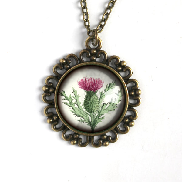 Scottish Thistle Large Pendant Necklace in Ornate Frame