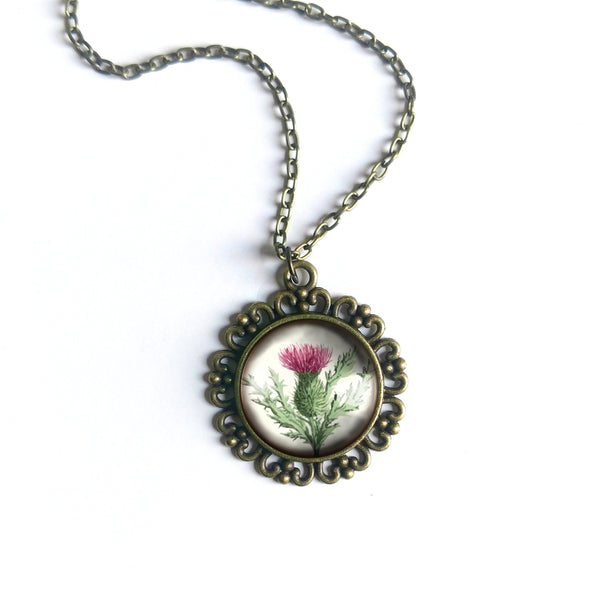 Scottish Thistle Large Pendant Necklace in Ornate Frame