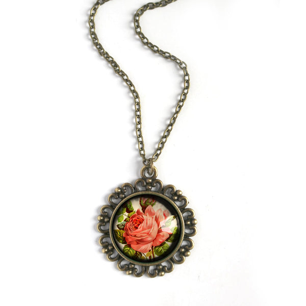 Victorian Tea Rose Large Pendant Necklace in Ornate Frame