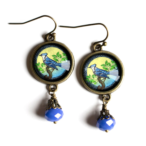 Blue Jay Bird Vintage Inspired Drop / Dangle Earrings