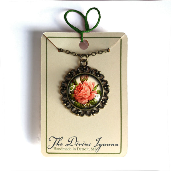 Victorian Tea Rose Large Pendant Necklace in Ornate Frame