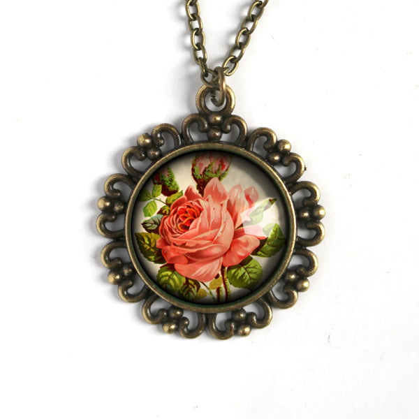 Victorian Tea Rose Large Pendant Necklace in Ornate Frame