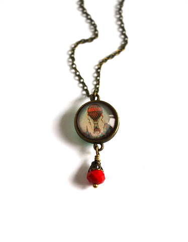 Steampunk Hot Air Balloon Reversible Pendant Necklace with Bead Accent