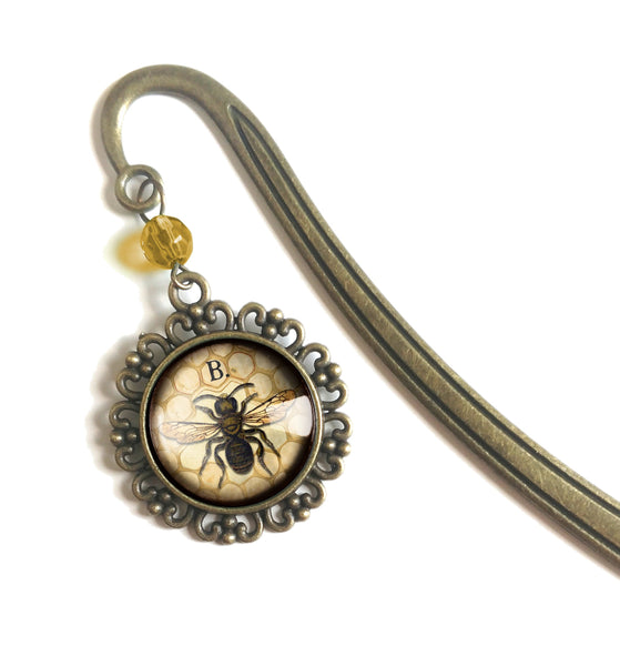 Honey Bee / Worker Bee Glass Cabochon Brass Book Hook / Bookmark