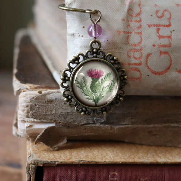 Scottish Thistle Flower Glass Cabochon Brass Book Hook / Bookmark