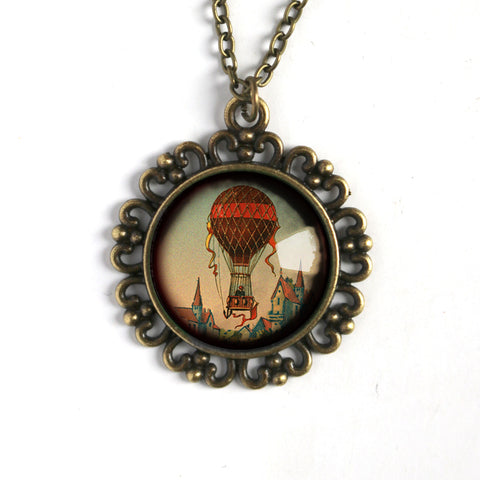 Steampunk Hot Air Balloon Large Pendant Necklace in Ornate Frame