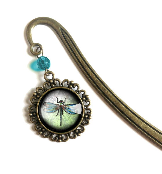 Dragonfly Glass Cabochon Brass Book Hook / Bookmark