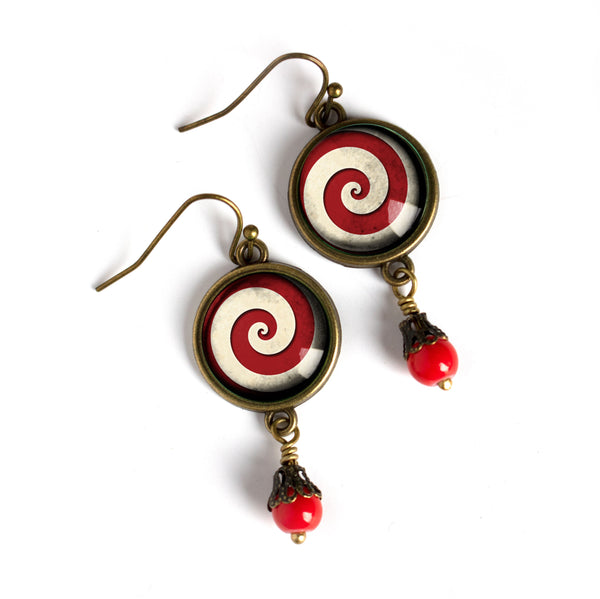 Red and White Peppermint Spiral Swirl Earrings Vintage Inspired Drop / Dangle Earrings