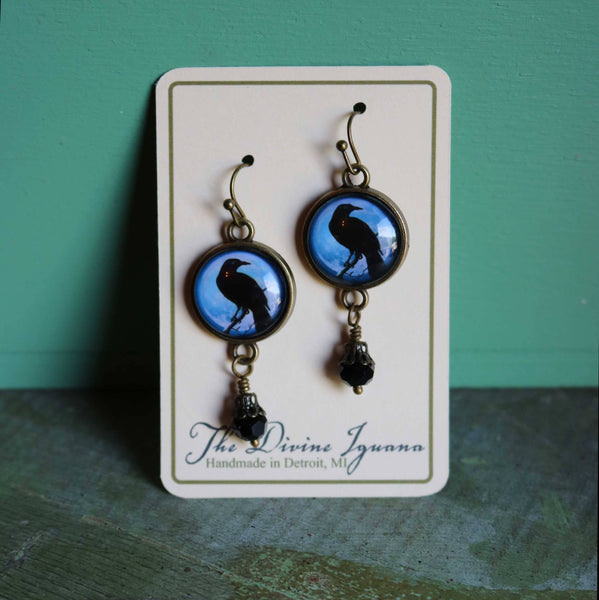 Midnight Crows Earrings- reverse decoupage glass cabochons in nickel- free brass findings