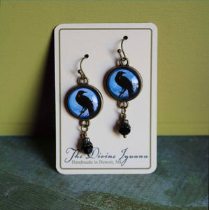 Midnight Crows Earrings- reverse decoupage glass cabochons in nickel- free brass findings