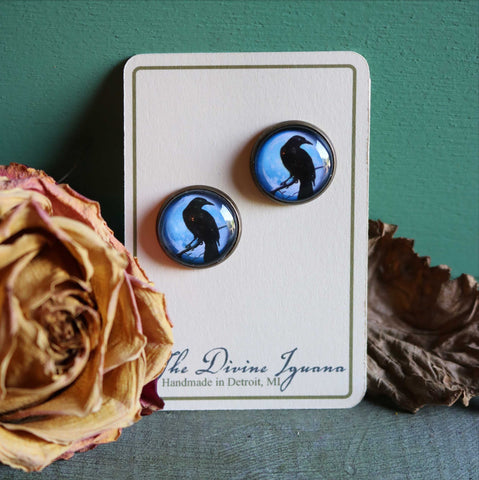 Crow or Raven on Purple Moon Vintage Inspired Stud Earrings