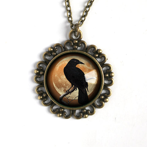 Crow or Raven on Orange Moon Large Pendant Necklace in Ornate Frame