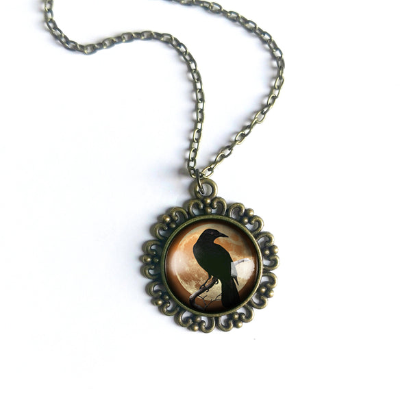 Crow or Raven on Orange Moon Large Pendant Necklace in Ornate Frame