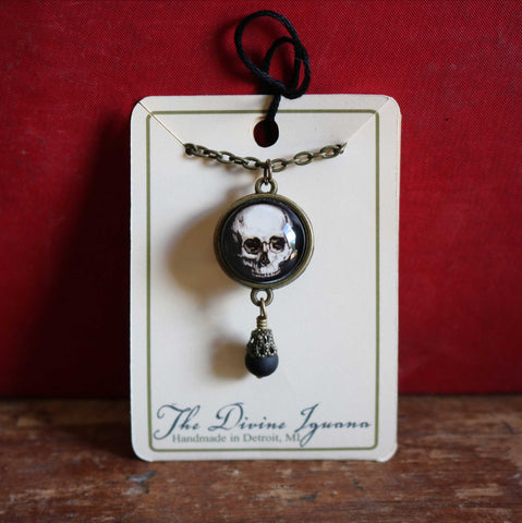 Human Skull Reversible Pendant Necklace with Bead Accent