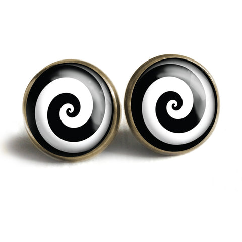 Hypnotist Black and White Spiral Swirl Vintage Inspired Stud Earrings