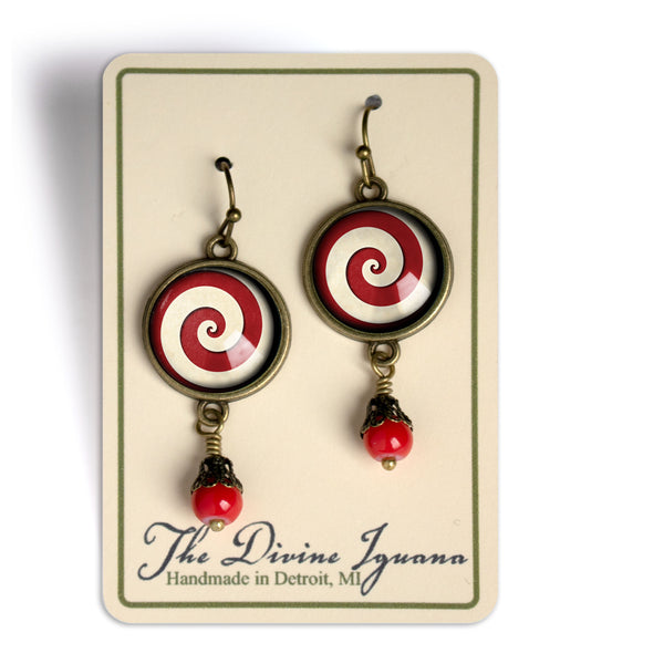 Red and White Peppermint Spiral Swirl Earrings Vintage Inspired Drop / Dangle Earrings