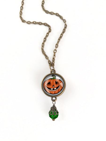 Retro Halloween Jack-O-Lantern Reversible Pendant Necklace with Bead Accent