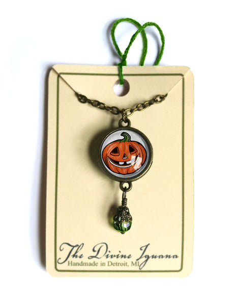 Retro Halloween Jack-O-Lantern Reversible Pendant Necklace with Bead Accent