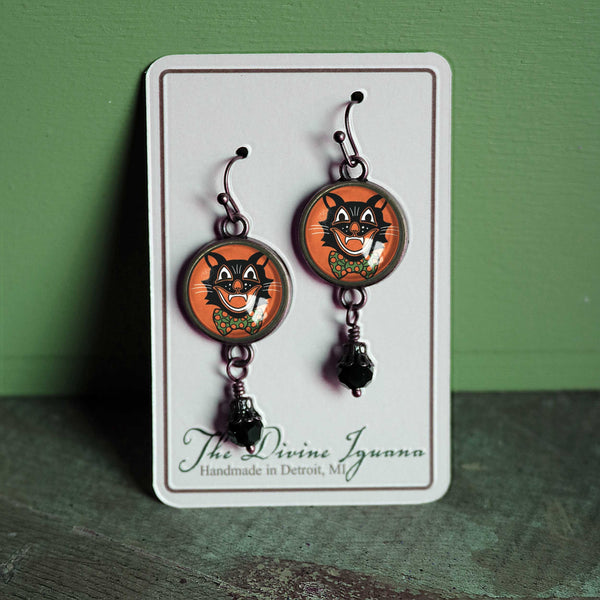 Retro Halloween Black Cat Vintage Inspired Drop / Dangle Earrings