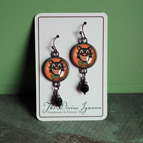 Retro Halloween Black Cat Vintage Inspired Drop / Dangle Earrings