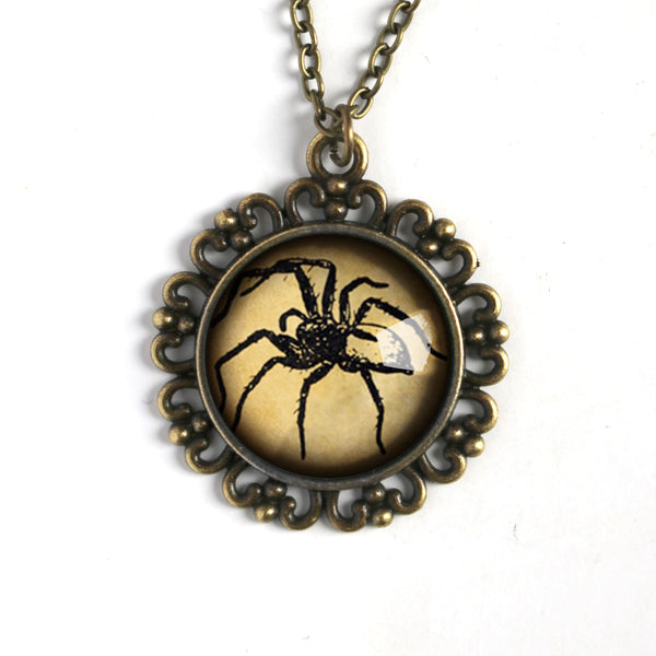 Spooky Spider Halloween Large Pendant Necklace in Ornate Frame