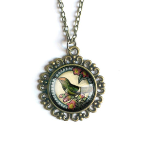 Hummingbird Large Pendant Necklace in Ornate Frame