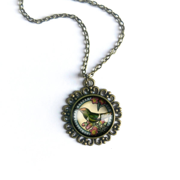 Hummingbird Large Pendant Necklace in Ornate Frame