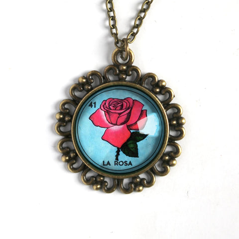 La Rosa Rose Loteria Themed Large Pendant Necklace in Ornate Frame